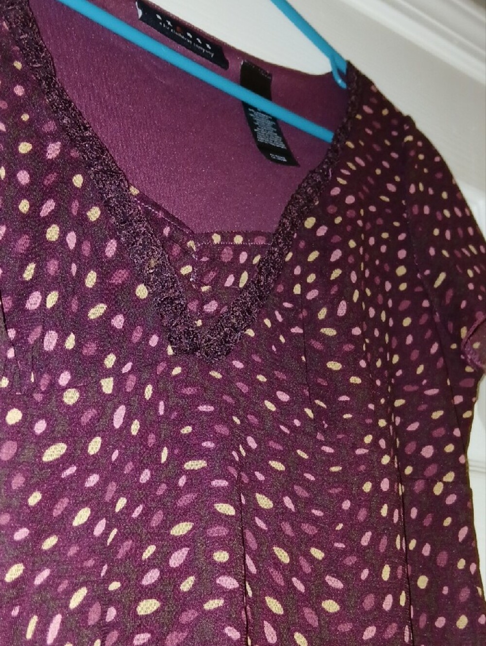 Axcess Maroon Short Sleeve Scoop Neck Blouse with Pink and Mustard Dot Print